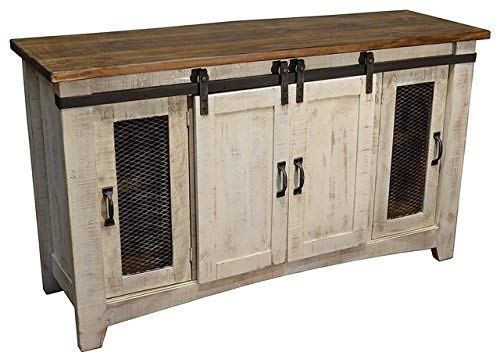 BurlesonHomeFurnishings Anton Distressed White Sliding Barn Door Farmhouse 60 Inch Tv Stand With Brown Wood Top And Hand Forged Custom Handles. Fully Assembled Shabby Chic Console (White, 60)