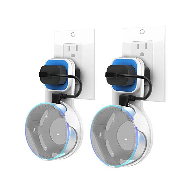 Dylawell Outlet Wall Mount Hanger Stand for Amazon Echo Dot 2nd Generation, A Smart Home Speakers Accessories Without Messy Wires or Screws (White-Blue 2-Pack)