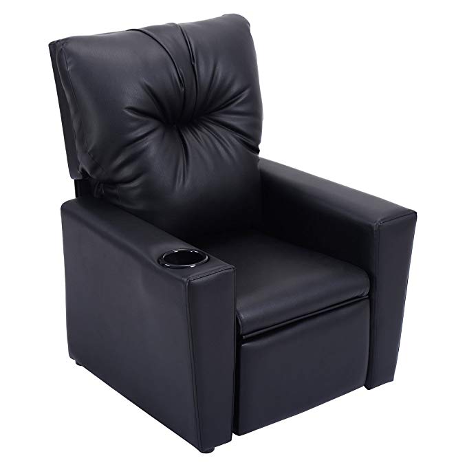 Costzon Kids Recliner Sofa, PU Leather Chair with Reclining Seat & Cup Holder (Black)