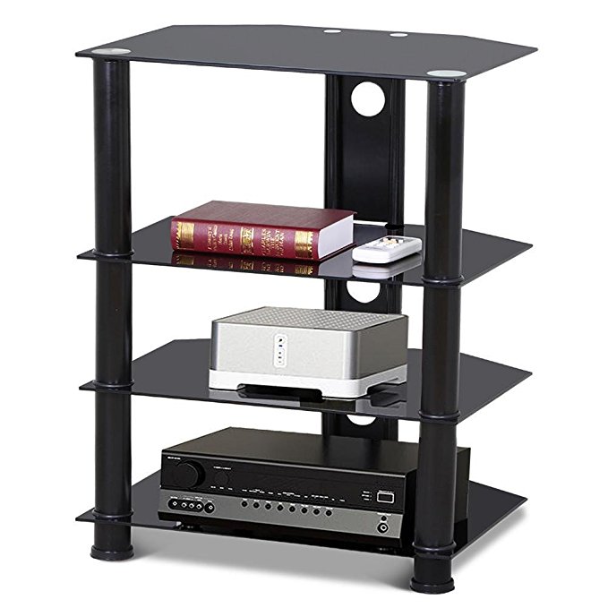 go2buy 4 Tier Black Glass Media Component Stand Audio Rack with Cable Management, Storage for Xbox, Playstation, Cable Boxes