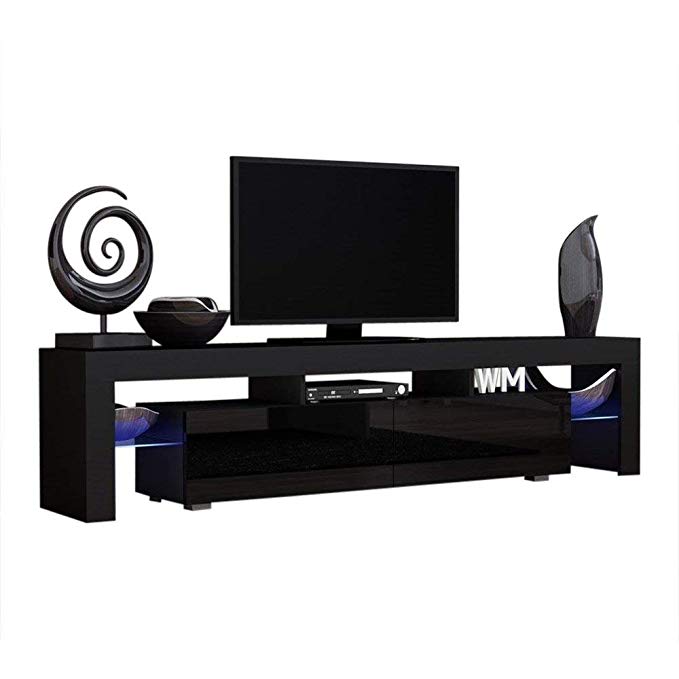 Concept Muebles TV Stand Milano 200 Black Body/Modern LED TV Cabinet/Living Room Furniture/Tv Cabinet fit for up to 90-inch TV Screens/High Capacity Tv Console for Modern Living Room (Black & Black)