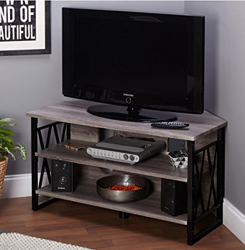 Corner TV Stands For Flat Screens Rustic Wood And Metal Media Storage in Grey