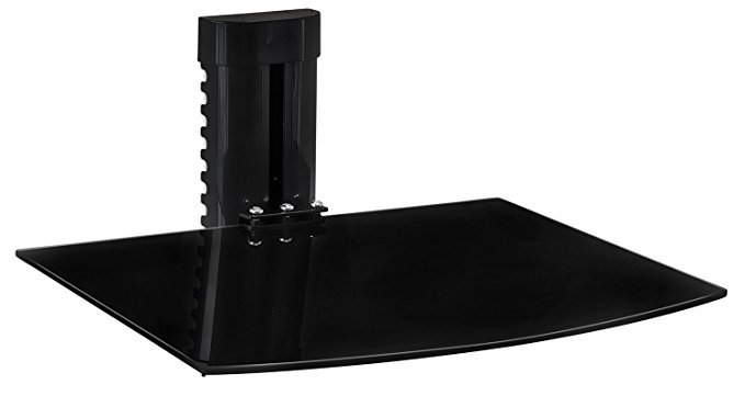 Mount-It! Floating Wall Mounted Shelf Bracket Stand for AV Receiver, Component, Cable Box, Playstation4, Xbox1, VCR Player, Blue Ray DVD Player, Projector, Load Capacity 22 lbs, Single Shelf, Tinted Tempered Glass, Adjustable Height