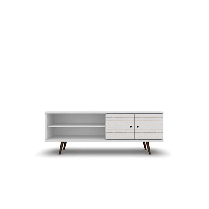 ModHaus Living Mid Century Modern 62.99 Inch TV Stand Storage with 3 Shelves 2 Doors and Solid Wood Legs - Includes Pen (White)