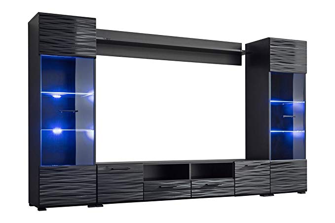 Meble Furniture & Rugs Modica Modern Entertainment Center Wall Unit with Blue LED Lights 65