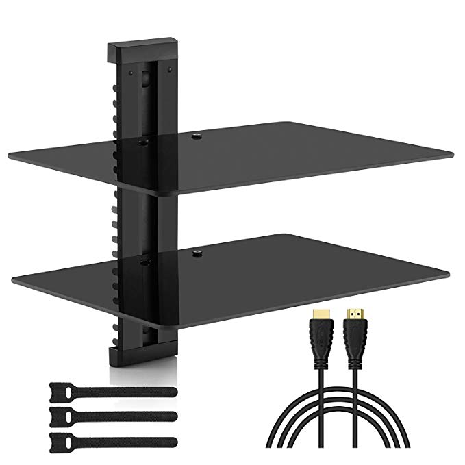 PERLESMITH PGDSK2 AV Shelf - Double Floating Wall Mount Shelf - Holds up to 16.5lbs - DVD DVR Component Shelf with Strengthened Tempered Glass - Perfect for PS4, Xbox, TV Box and Cable Box