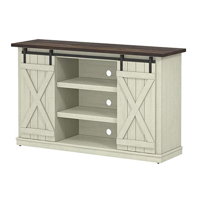 Industrial 54'' TV Stand - Antique Rustic Look - Sliding Doors - Vintage Design (Off-White With Pine Top)