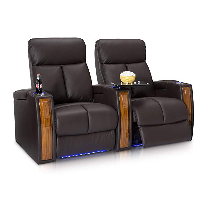 Seatcraft Seville Home Theater Seating Leather Power Recline with SoundShaker, in-arm Storage, Base Lighting, and Lighted Cup Holders (Brown, Row of 2)