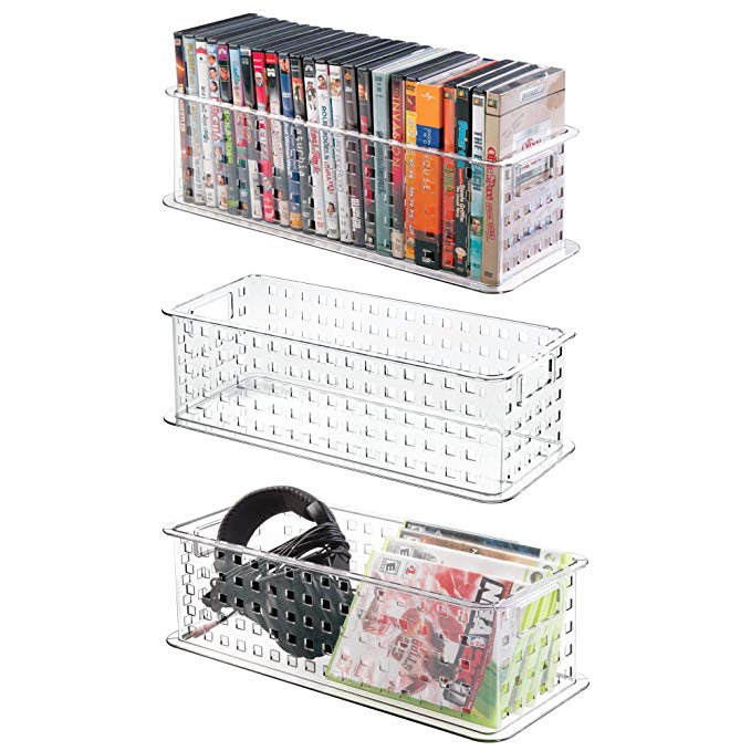 mDesign Video Games, DVD, CD Box Case Media Entertainment Plastic Baskets Bins Holders Storage Organizers - Set of 3, Clear