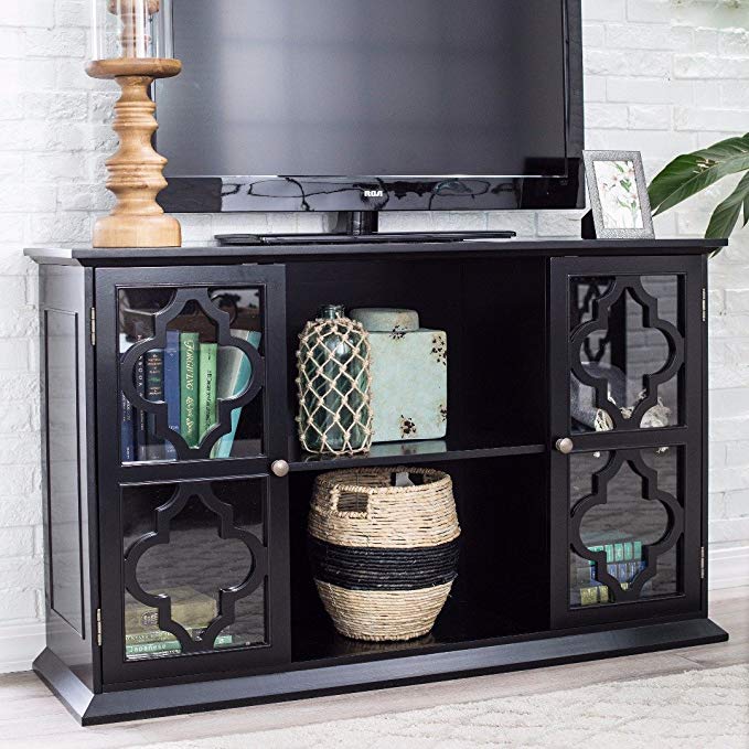 ModHaus Living Modern Moroccan Black Quatrefoil TV Stand Media Cabinet with Glass Doors - Includes Pen