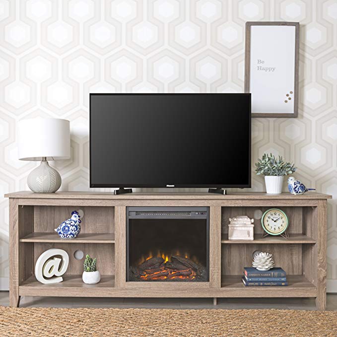 New 70 Inch Wide Fireplace Television Stand in Driftwood Finish